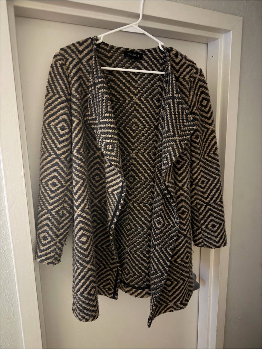 Talbots Black and Cream Geometric Open-Front Wool blend Cardigan Sweater M